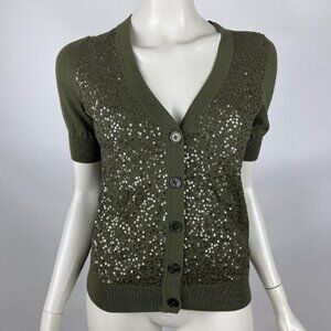Talbots Short Sleeve Sequin Cardigan Button-up Stretch Cotton Green Women XS NWT